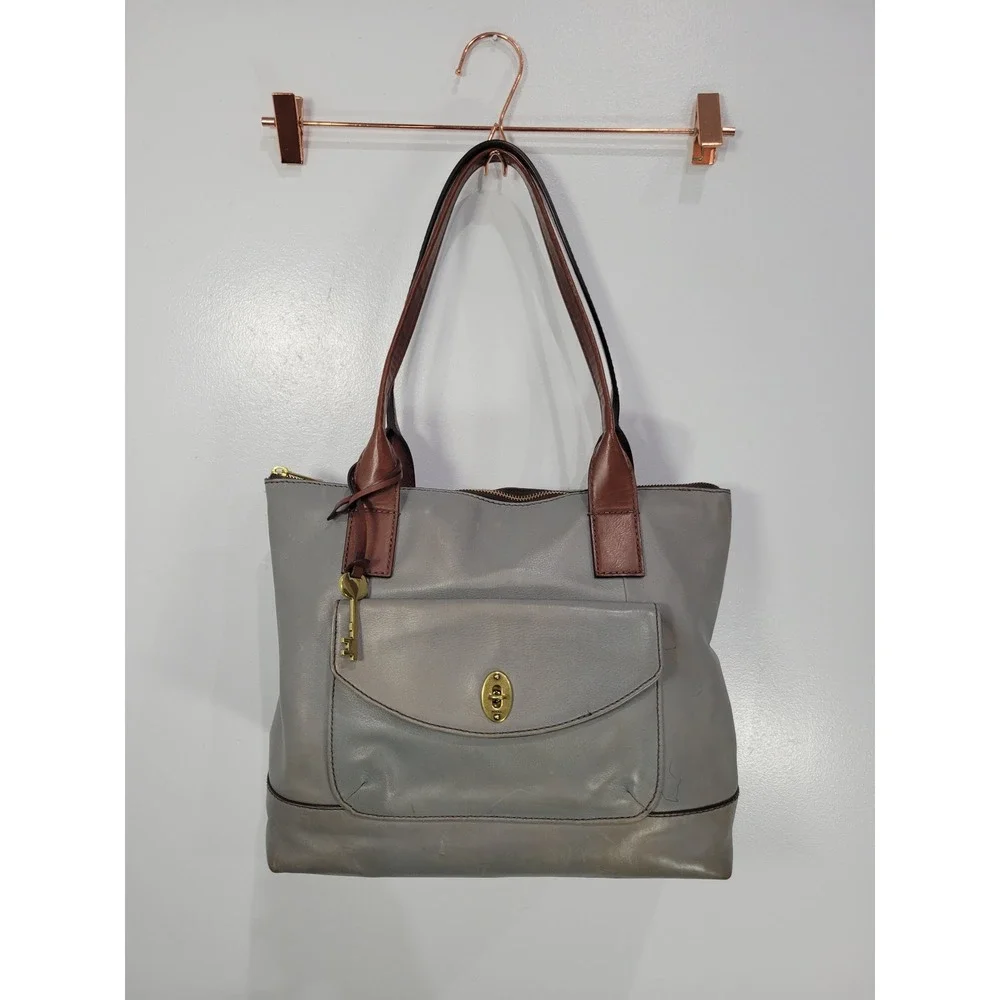 Fossil Vintage Classic Shopper‎ Grey Leather Tote Bag with Keylock Pocket